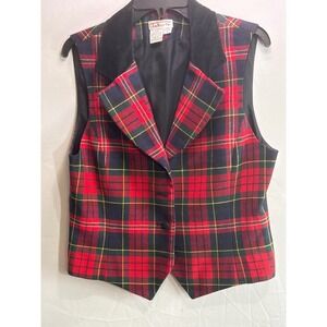 Talbots Vintage Red Plaid Worsted Wool Vest Velvet Collar Made in USA Size 12